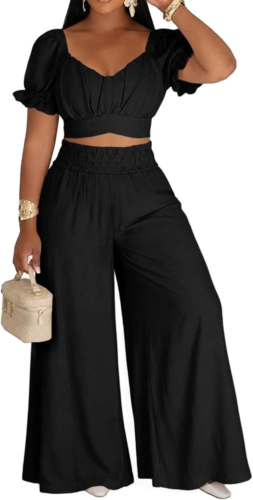 Two Piece Sets For Women Going Out Short Sleeve Ruffle Off Shoulder Crop Top Wide Leg Pants Set V... | Amazon (US)