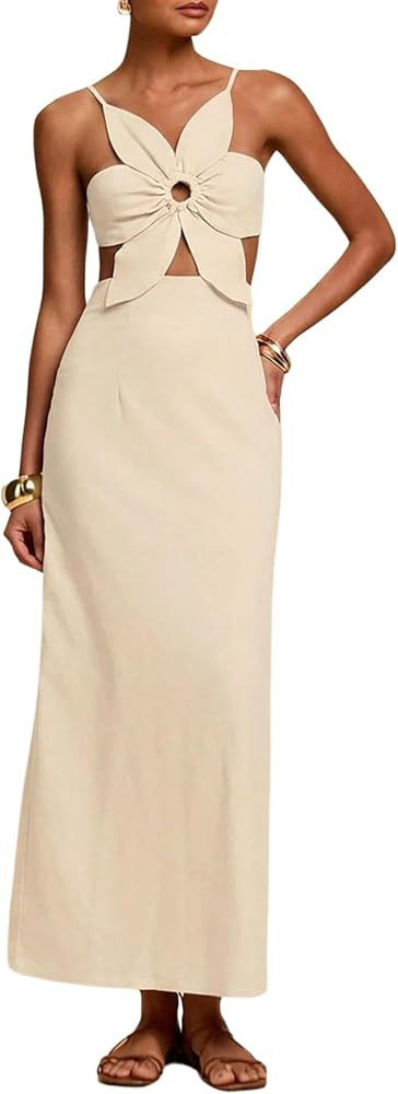 SHENHE Women's Petal Backless Linen Maxi Dress Keyhole Cut Out Vacation Zipper Summer Dresses | Amazon (US)