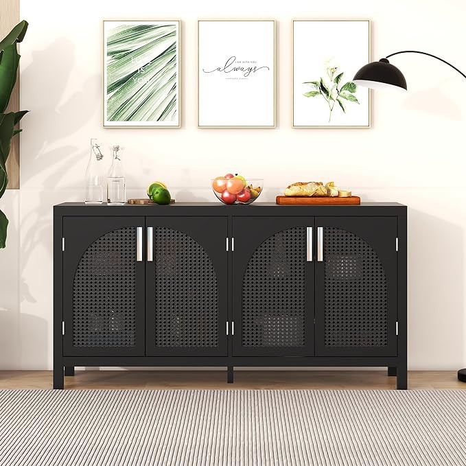 Buffet Cabinet Freestanding Storage Sideboard with Artificial Rattan Doors & Metal Handles, Entry... | Amazon (US)