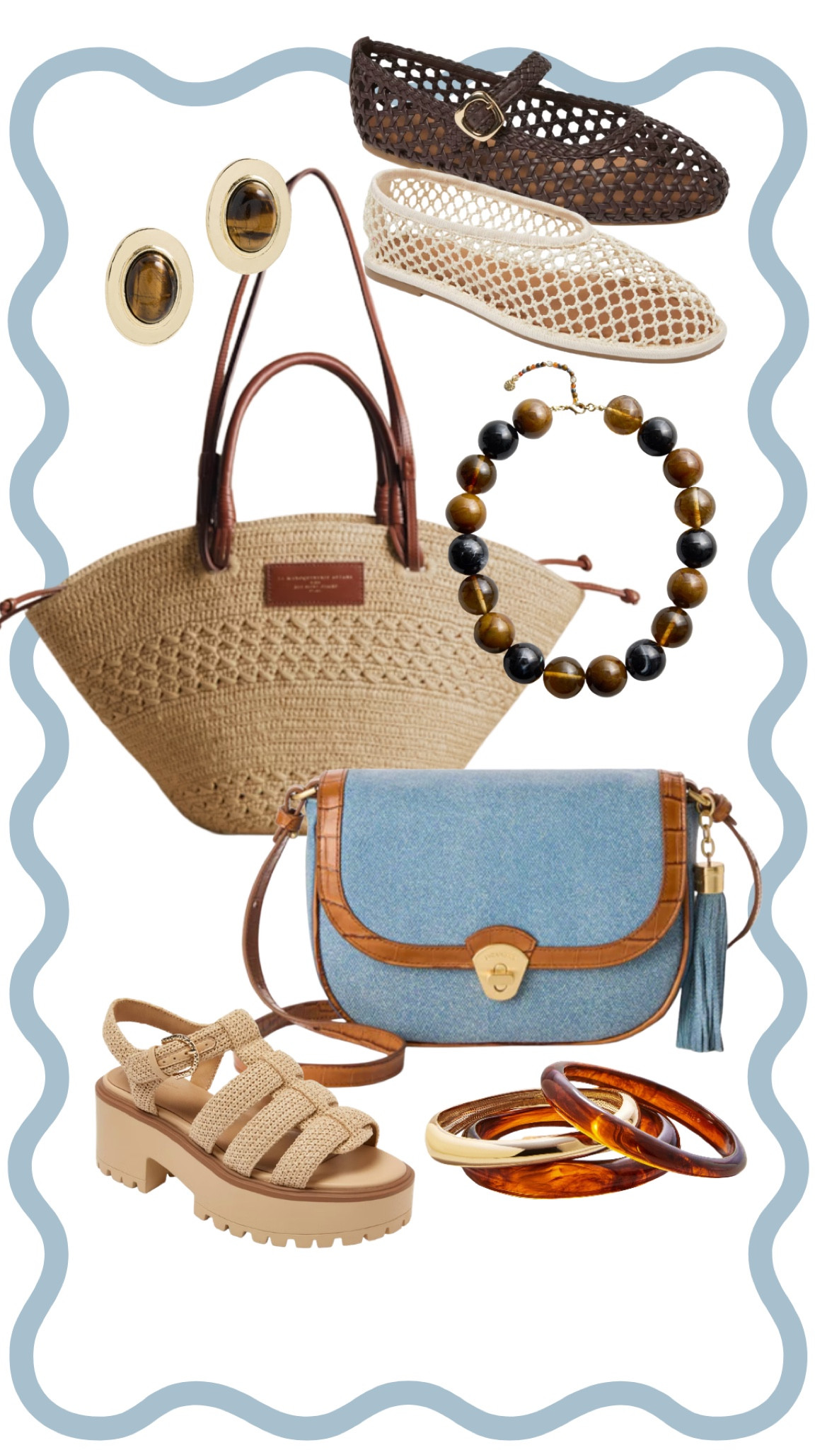 Spring Accessories: Target Mary jane flats, Sézane woven handbag, spring crossbody bag, Baublebar brass earrings, beaded necklace and bangles. 

#LTKSeasonal #LTKSpringSale
