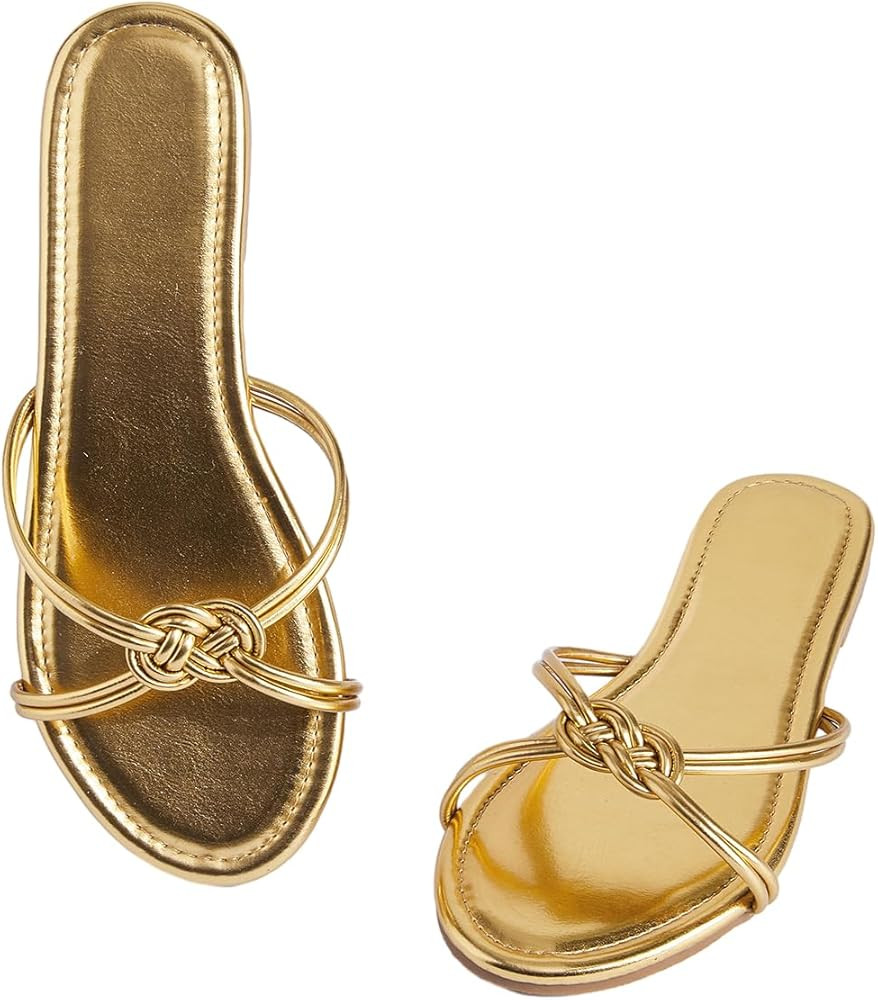 GORGLITTER Women's Braided Strappy Sandals Open Toe Metallic Flat Sandals Dressy Slides | Amazon (US)