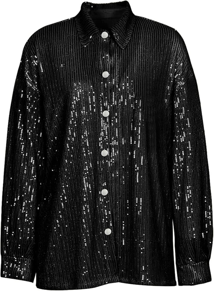 Women Sparkle Outfits Sequin Long Sleeve Blouse Shirt Top Glitter Long Loose Pants Bling Party Cl... | Amazon (US)