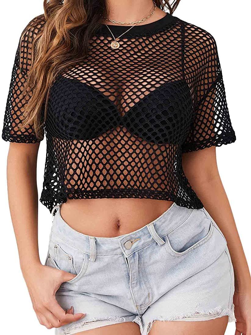 Avidlove Women's Sheer Fishnet Top Sexy Short Sleeves Net T Shirts Crop Top | Amazon (US)