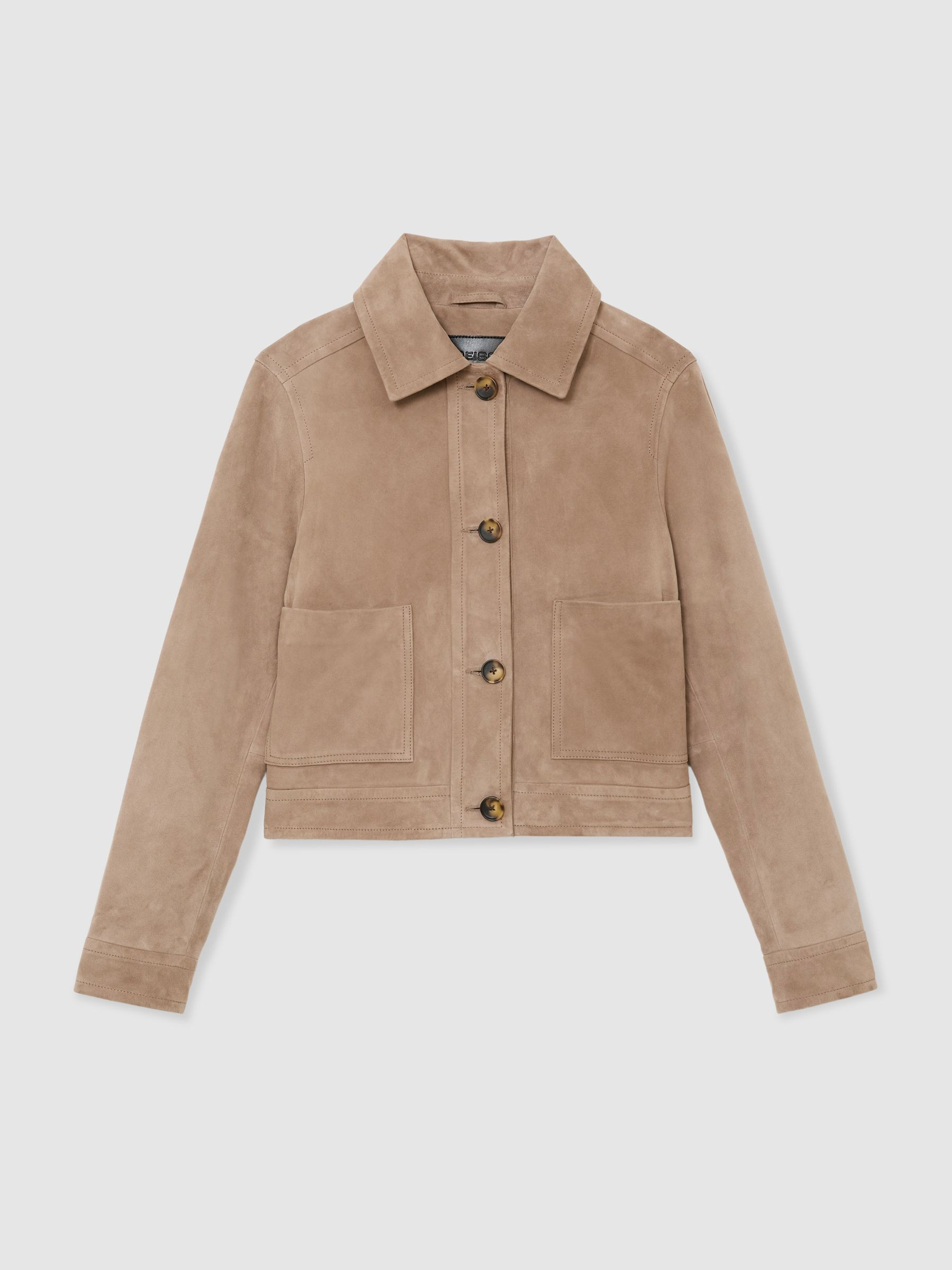 Reiss Suede Cropped Trucker Jacket in Neutral | REISS | Reiss DE