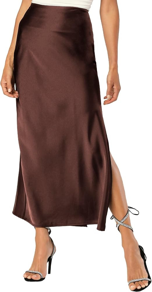 Womens Satin Silk Maxi Slit Skirt Elastic Waistband Maxi Long Satin Slit Skirts for Women | Amazon (US)