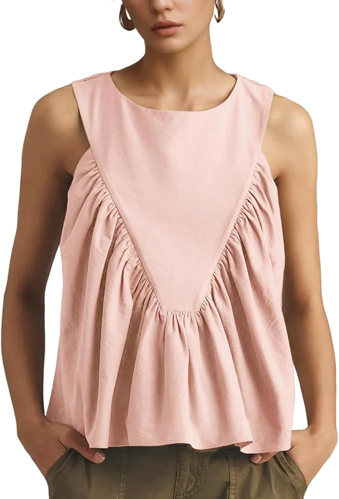 Wyeysyt Peplum Tops for Women Shirred Swing Tank Tops Pleated Flowy Vest Casual Sleeveless Blouse... | Amazon (US)