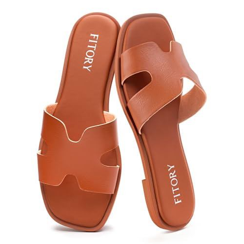 FITORY Women's Slide Sandals, Flat Fashion Square Open Toe with Cushion Slippers for Summer Beach Size 8 All Brown | Amazon (US)