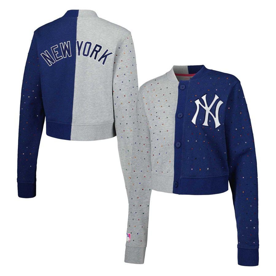 Women's New York Yankees Terez Gray/Navy Cropped Button-Up Cardigan | MLB Shop