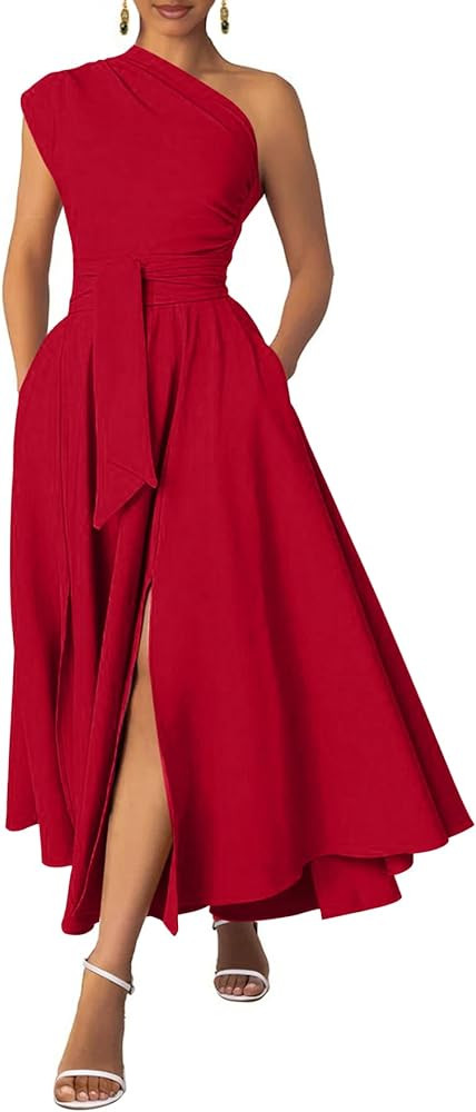 Ekaliy Women's One Shoulder Belted Maxi Dress Long Formal Wedding Guest Dress with Pockets | Amazon (US)