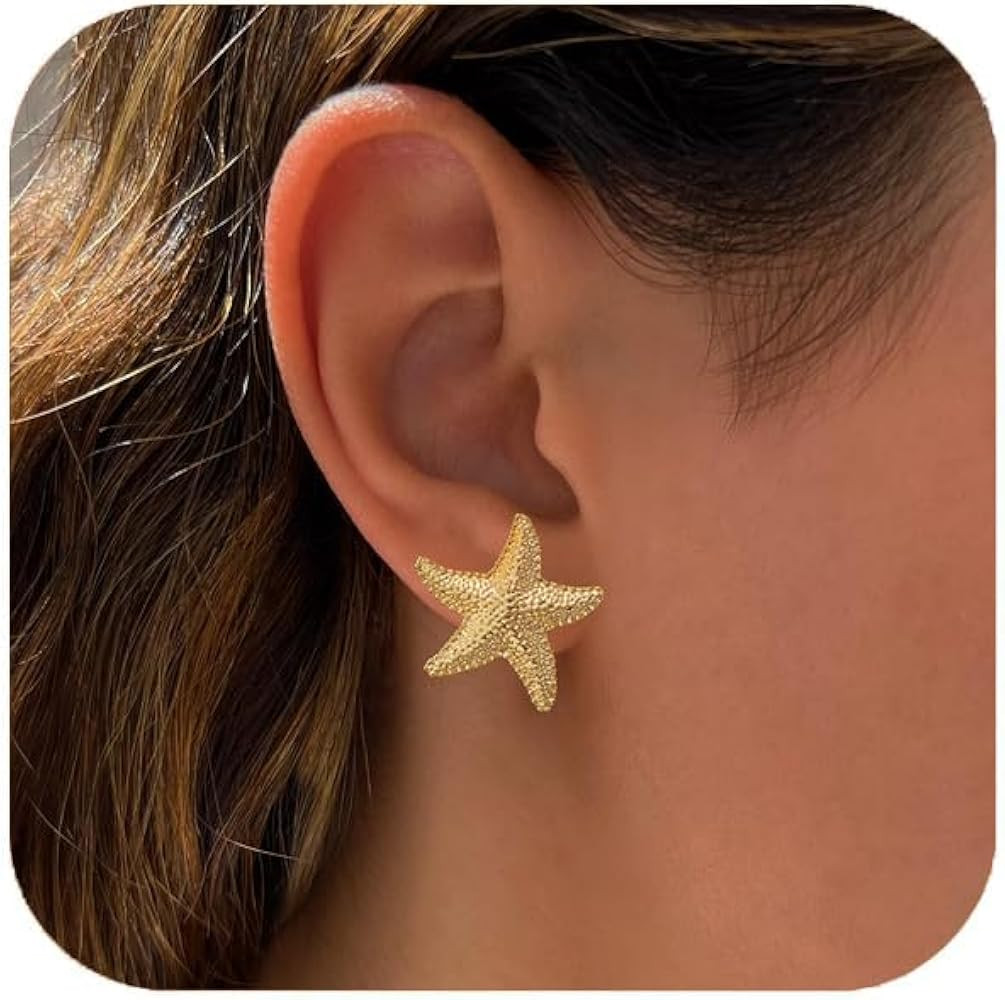 Starfish Earrings for Women,14k Gold/Silver Small Starfish Stud Earrings Lightweight Boho Ocean S... | Amazon (US)