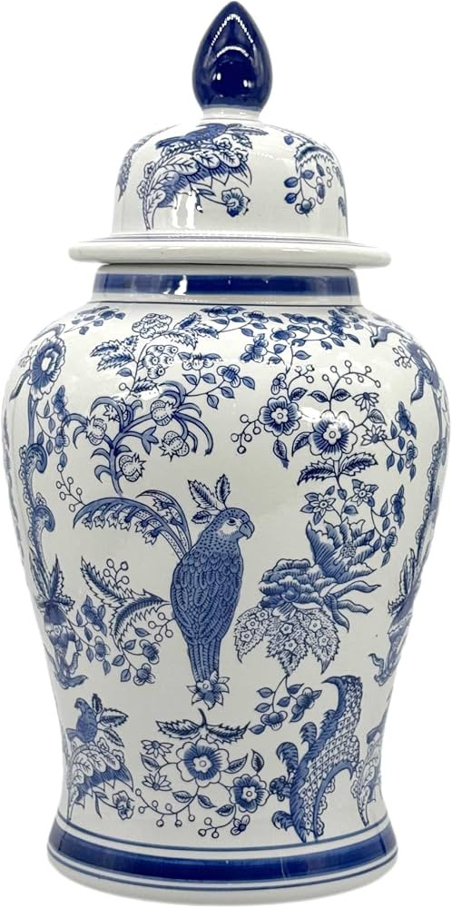 Galt International Large 25" Blue & White Parrot Floral Chinoiserie Ceramic Temple Jar w/Lid - Gi... | Amazon (US)