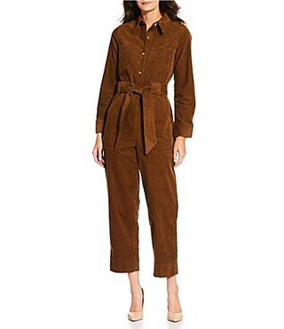 Current Air Corduroy Point Collar Long Sleeve Tie Waist Button Front Jumpsuit - S | Dillard's