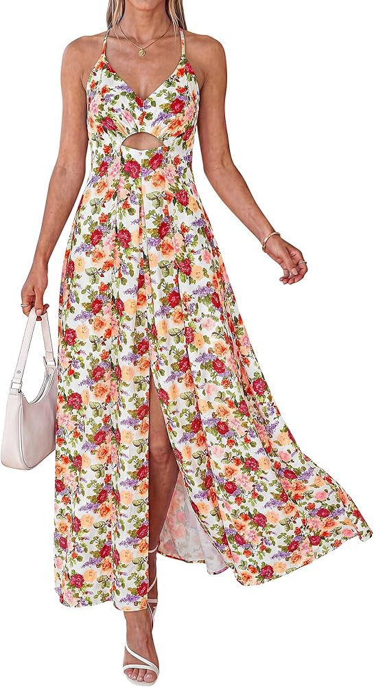 BTFBM Summer Dresses for Women 2026 Spring Floral Spaghetti Strap Smocked Cutout Maxi Dress Resor... | Amazon (US)