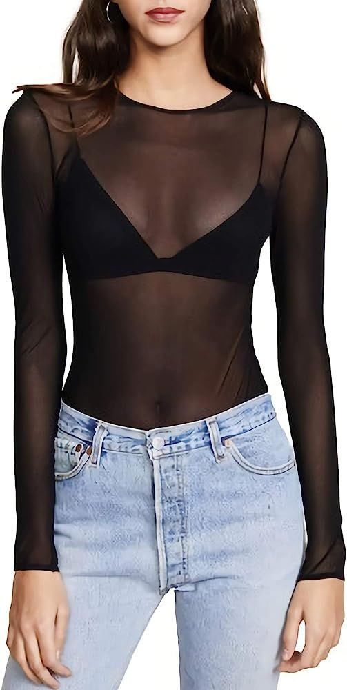 Kyerivs Women's Mesh Tops Long Sleeve See Through Sheer Blouse Black Sexy Clubwear Shirts (Black,... | Amazon (US)