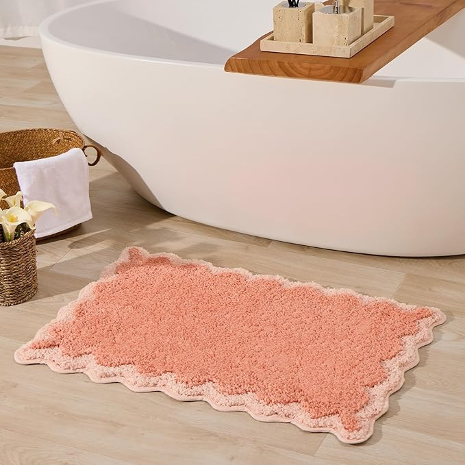 ORTIGIA Cute Coral Pink Scalloped Bath Mat, Fun Plush Microfiber Scallop Bathroom Rugs Non Slip W... | Amazon (US)