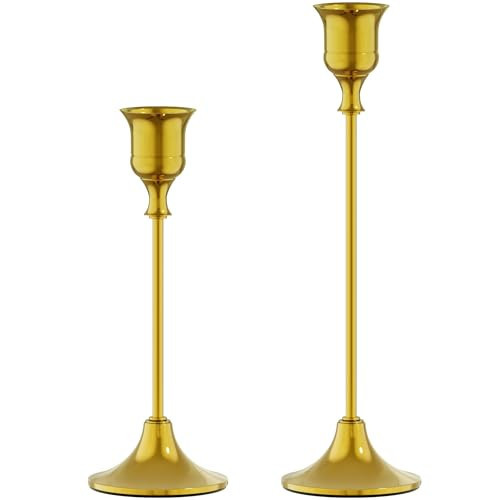 FSyueyun Gold Candle Holders Set of 2, Elegant Metal Candlestick Holders for Vintage Taper Candle Holders, Perfect for Table Centerpieces, Fireplace Mantels, Home Decor, Weddings and Party Decorations | Amazon (US)