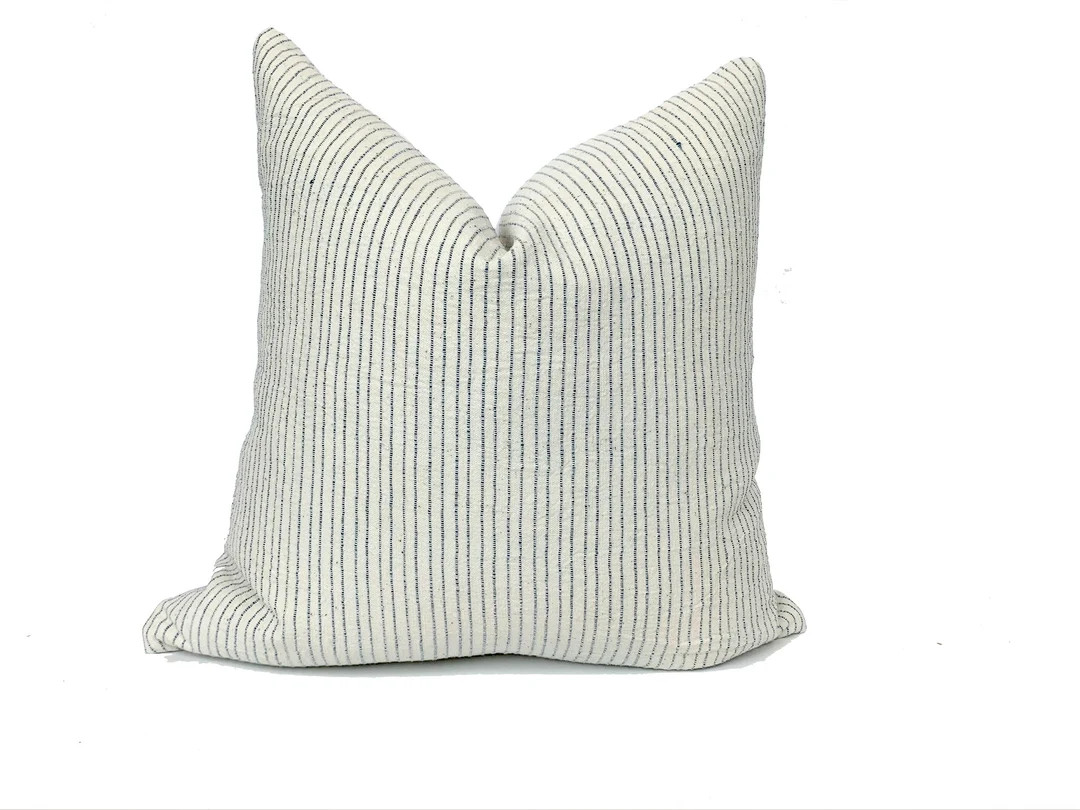 Nadi, Designer  linen striped accent pillow cover, white and blue textured throw pillow, handwove... | Etsy (US)