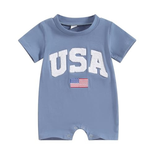 MoZiKQin Fourth of July Baby Boy Girl Outfit Newborn Usa Romper Short Sleeve Jumpsuit Embroidery First 4th of July Outfit (Blue, 0-3 Months) | Amazon (US)