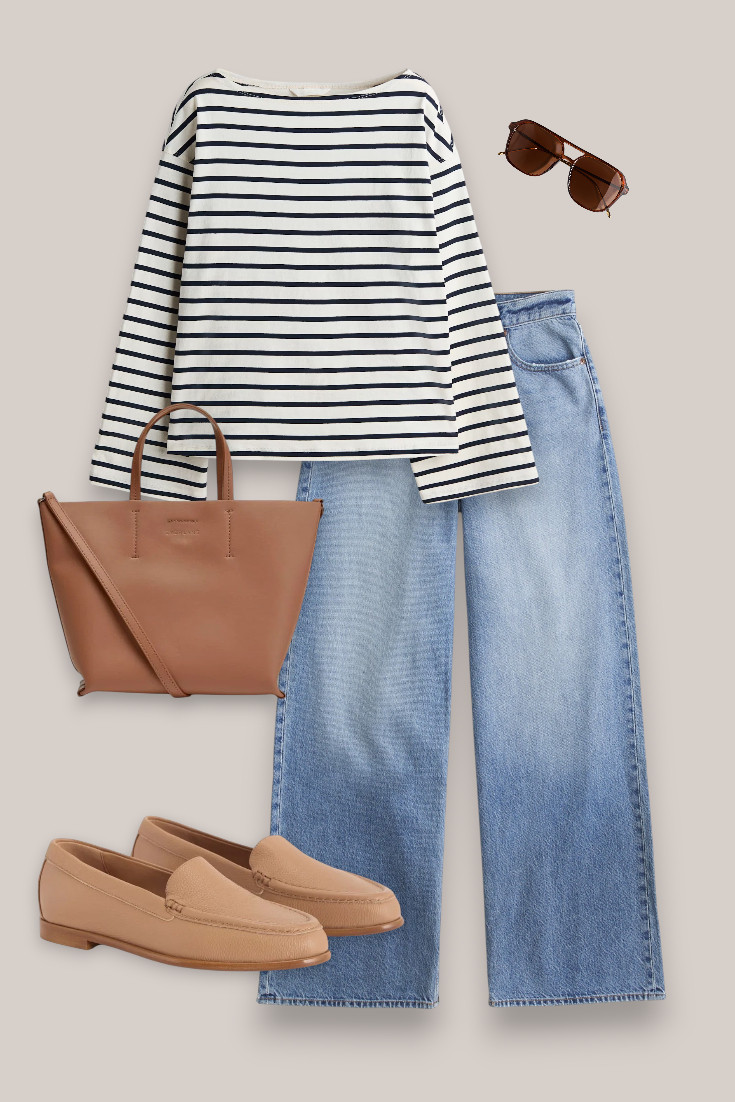 Striped top + wide leg jeans
One of those simple outfits I’d wear on repeat. Striped top, wide leg jeans, tan loafers and an everyday tote — perfect for those mild early fall days. 

 #LTKautumn #LTKover50style #LTKstyletip