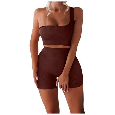 Tangnade One coat Fashion Women Two-Piece One Shoulder High-Waisted Sports Shorts Workout Set Brown  | Walmart (US)