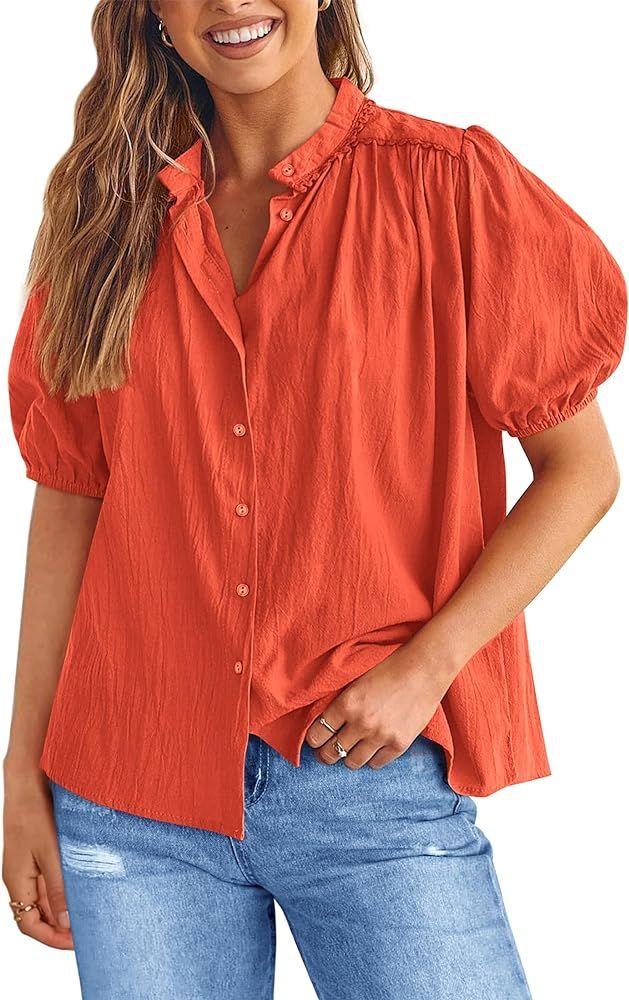 PRETTYGARDEN Women's Summer Button Down Shirts Short Lantern Sleeve V Neck Cotton Cute Dressy Cas... | Amazon (US)