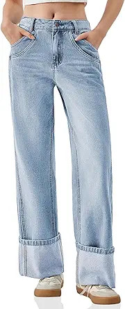 PLNOTME Womens Baggy Jeans Boyfriend Wide Leg Trendy Casual Mid Rise Cuffed Hem Denim Pants with ... | Amazon (US)