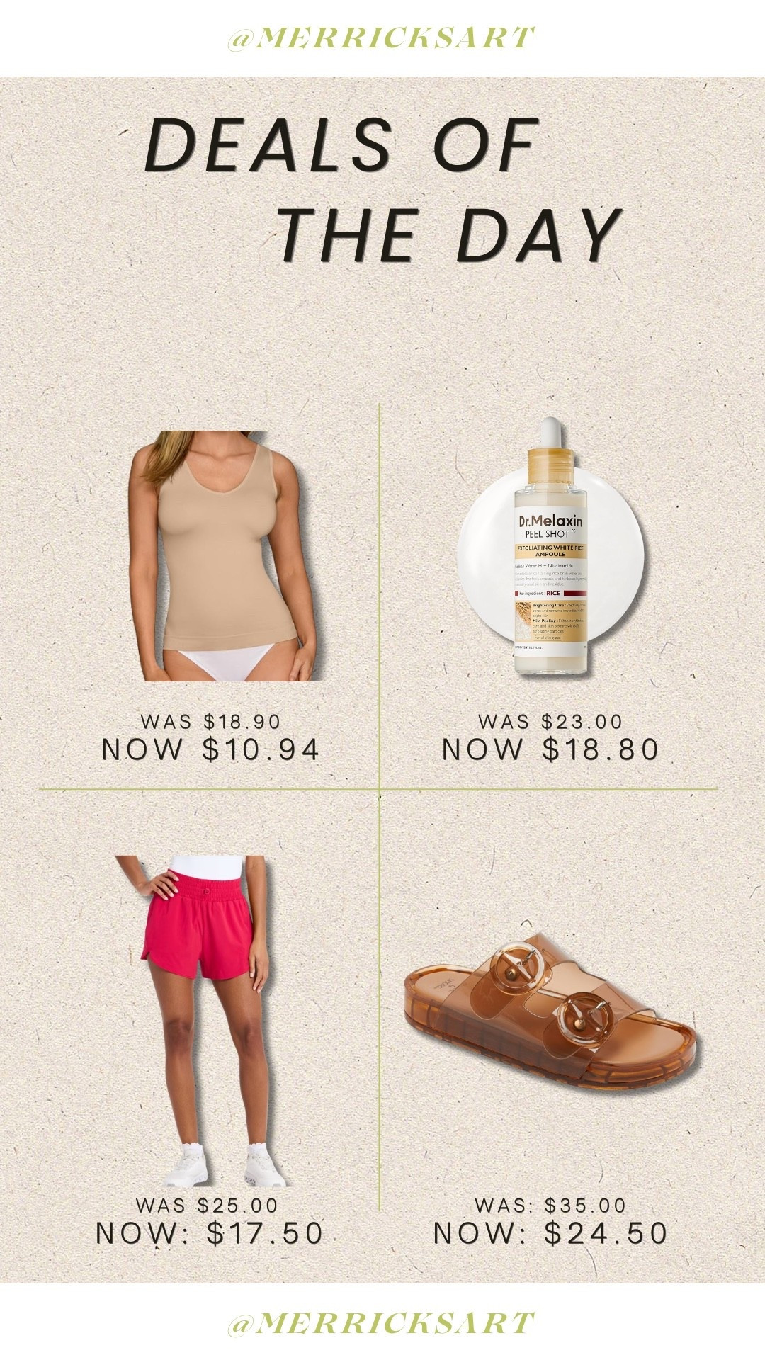 Four great daily deals today - activewear shorts with a built in brief, a great layering nude tank, a gentle exfoliator, and cute summer sandals.