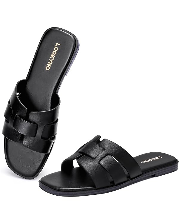 Flat Sandals for Women Comfortable Slip On Dressy Summer Leather Slides with Square Open Toe | Amazon (US)