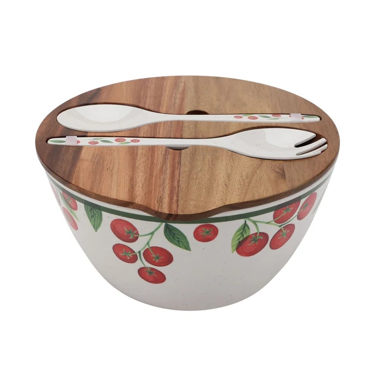 Better Homes and Gardens Bamboo Melamine Tomato Salad Bowl with Acacia Wood Lid and Utensil Set | Walmart (US)