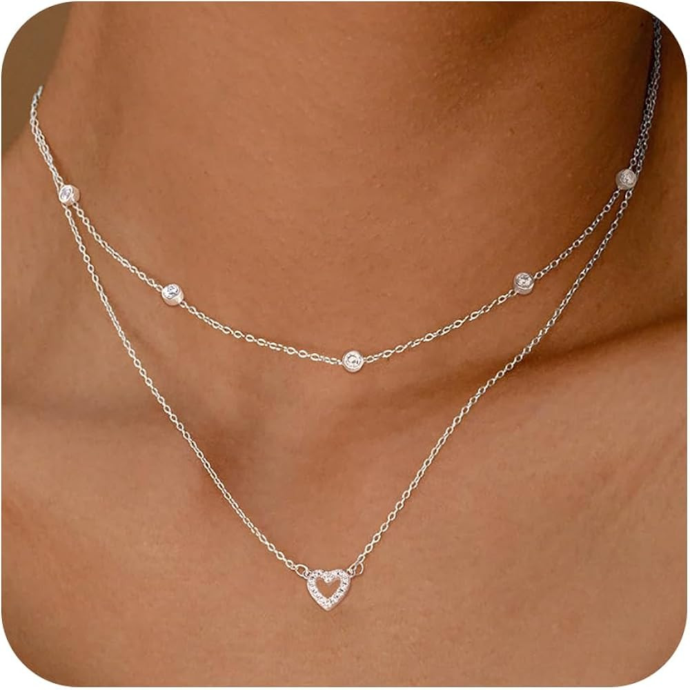Poxtex 14K Gold Plated Silver Layered Heart Necklace for Women Trendy Dainty Small Heart Pendant ... | Amazon (US)