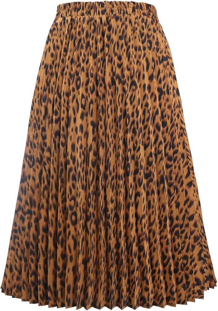 CHARTOU Womens Chic Elastic High Waisted A Line Leopard Print Pleated Shirring Midi-Long Skirt | Amazon (US)