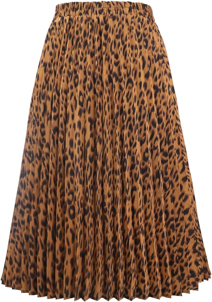 CHARTOU Womens Chic Elastic High Waisted A Line Leopard Print Pleated Shirring Midi-Long Skirt | Amazon (US)