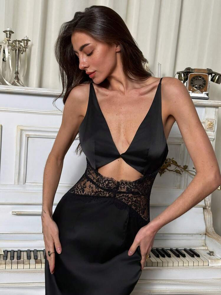 Aloruh Women's Elegant Sexy Solid Color Lace Patchwork Hollow-Out Backless Dress | SHEIN