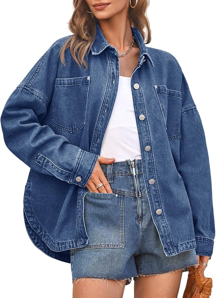 PLNOTME Women's Oversized Denim Jacket Long Sleeve Vintage Button Down Boyfriend Jean Jacket | Amazon (US)