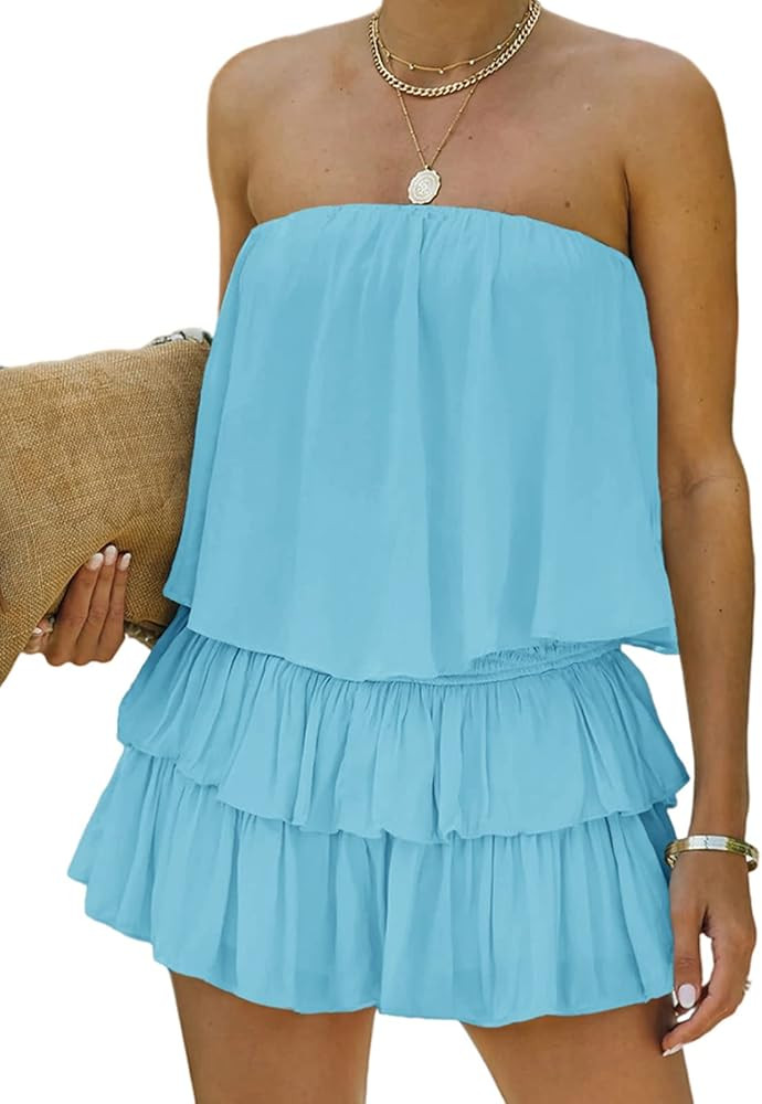 MIRACMODA Women Off The Shoulder Romper Flowy Strapless Smocked Jumpsuit Playsuits Dress | Amazon (US)