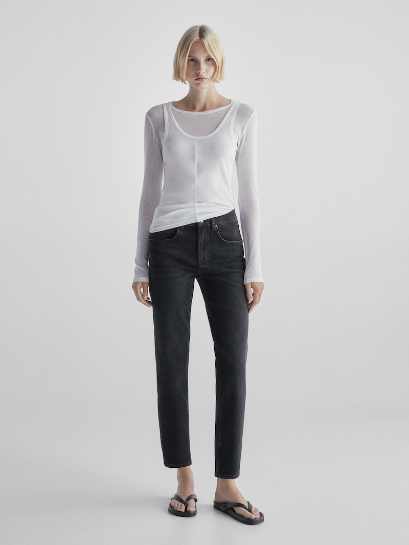 Cropped comfort slim fit mid-rise jeans | Massimo Dutti UK
