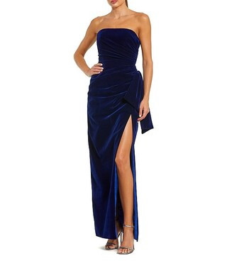 Velvet Strapless Neck Sleeveless Faux Wrap Drape Side Side Slit Gown | Dillard's