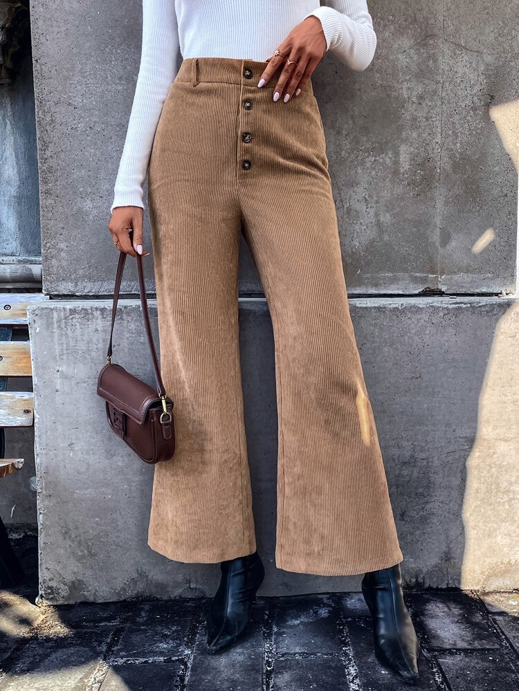 High Waist Corduroy Flare Leg Pants | SHEIN