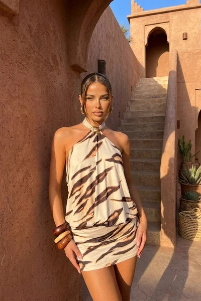 Brown Tiger Print Halterneck Blouson Mini Dress - Sandy | Rebellious Fashion