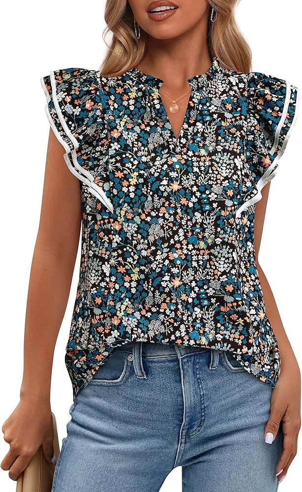 BTFBM Women Dressy Casual 2025 Summer Shirts Boho Floral Notched V Neck Ruffle Cap Sleeve Tops Bu... | Amazon (US)