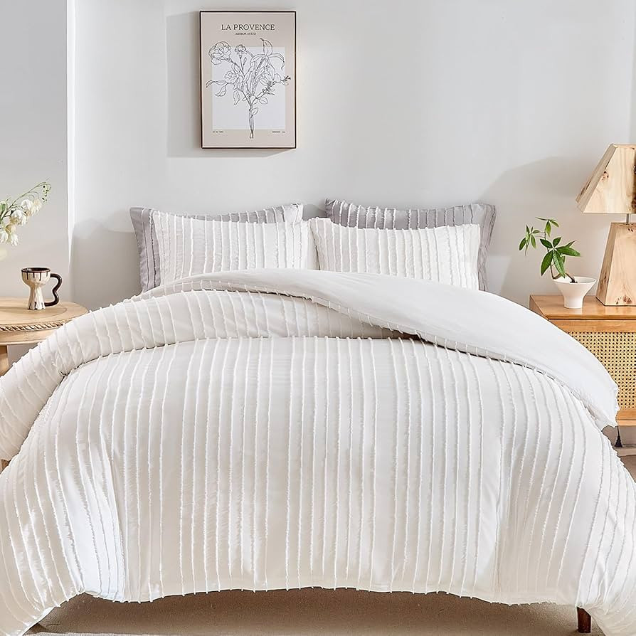 WARMDERN White Boho Duvet Cover Set King Size, Striped Textured Duvet Cover Tufted Bedding Set, 3... | Amazon (US)