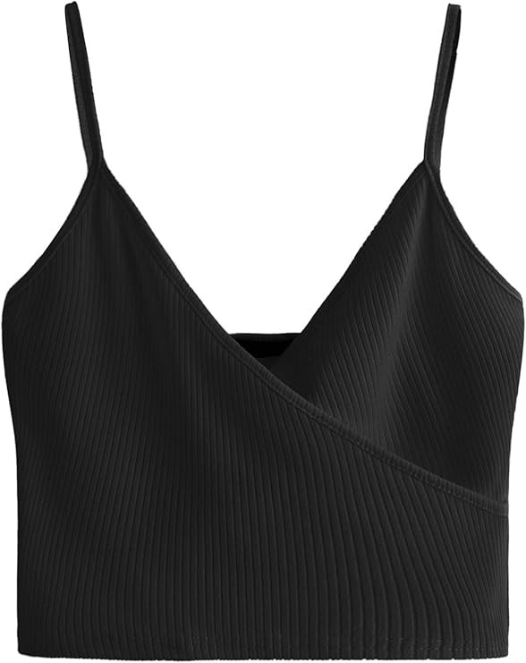 SheIn Women's Casual V Neck Ribbed Knit Overlap Front Crop Cami Top | Amazon (US)