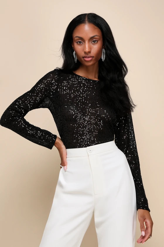 Shining Excellence Black Mesh Sequin Long Sleeve Crop Top | Lulus (US)