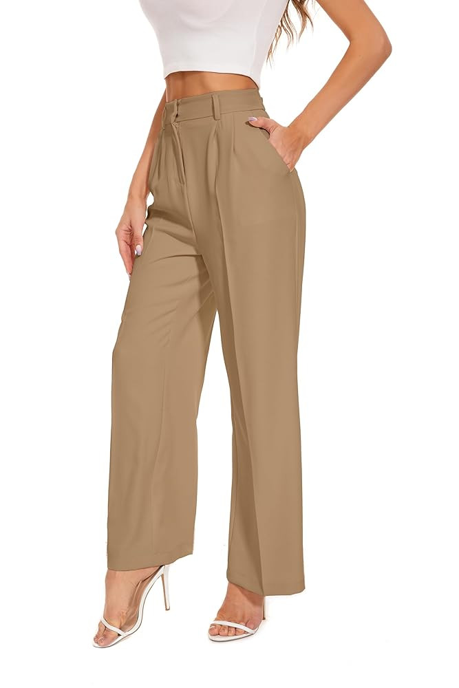 FUNYYZO Wide Leg Pants Women's High Elastic Waisted in The Back Business Work Trousers Long Strai... | Amazon (US)