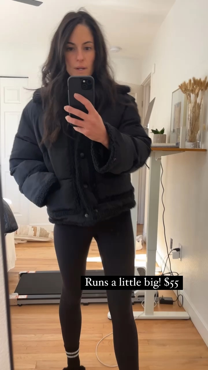 Such a cute shearling trim button puffer! It’s thick and warm, runs a little big. I’m wearing XS. $55

Linking another really cute lighter weight jacket, too!