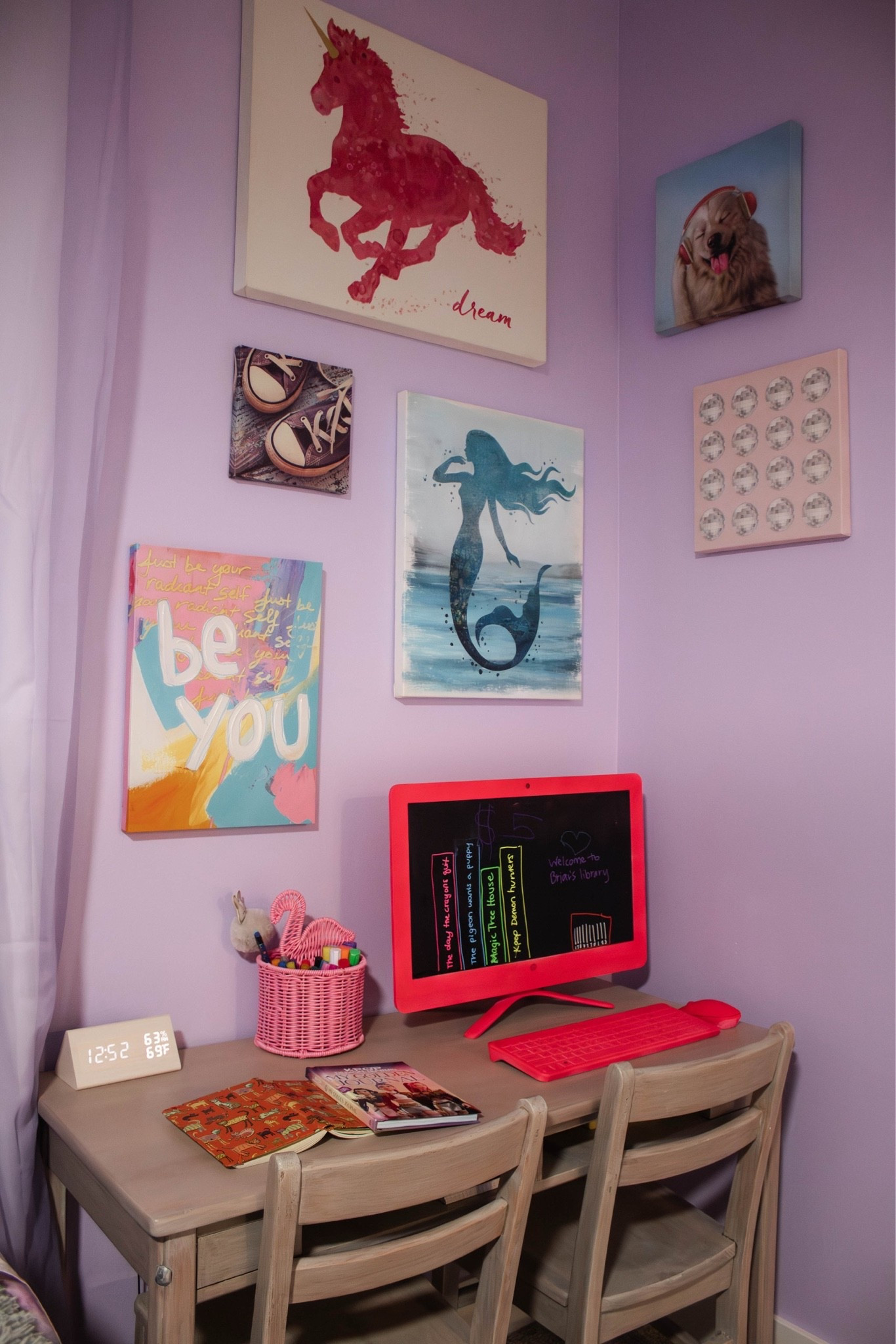 The canvases were all from Goodwill but I found matches where I could. I also added some other cool canvases. The canvas collage reminds me of the 90s and early 2000s when we had posters and magazine pages all over our walls. My daughter is 6 years old so we went for her loves unlike my other baby’s nursery where it is more aesthetic. 

Because she is 6 we took my grandpa’s old broken computer and spray painted it. Then we put a dry erase background on the screen and purchased her some dry erase chalk markers. She loves using the computer pretending to “go to work” or playing school or library with her friends. 

We also got these really cool sparkle markers for her. They are silver in the center and then outlined in the colored marker as she colors. 

The flamingo basket was from goodwill, but I found one for sale.

The cat journal was also goodwill but I found some similar ones that are fun for kids and encourages them to write! 

The K-pop journal was new on our Mall of America vacation. (Vacay details on the blog GetDressedMidwest.com) If you have a K-pop fan this is a fun one!! 

The desk here was my husband’s as a kid. We refinished it to match her bed set using the Retique It Liquid Wood that has gone viral

#LTKmomlife #LTKKids #LTKHome