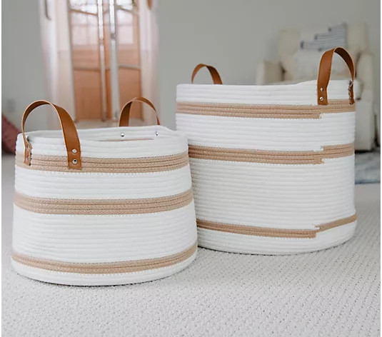 Set of 2 Striped Rope Baskets with Handles by Lauren McBride - QVC.com | QVC