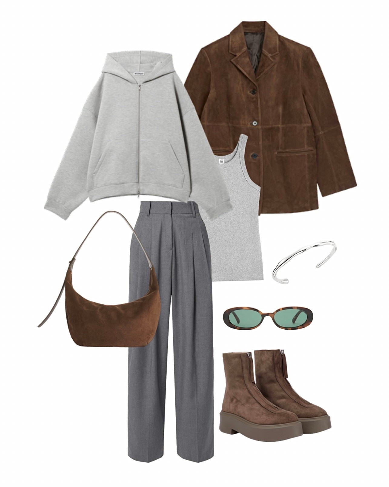 Suede blazer - Arket brown suede jacket - le specs outta love sunglasses a the row brown suede boots - brown suede bag - grey hoody - grey hoodie - white tank top - basics - spring outfit - grey trousers - the Frankie shop - tailored trousers styles for women 

#LTKspring #LTKbag #LTKuk