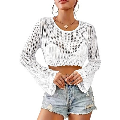 Women Crochet Sweater Lightweight Cropped Summer Tops Long Sleeve Hollow Out Knit Cover Up | Target