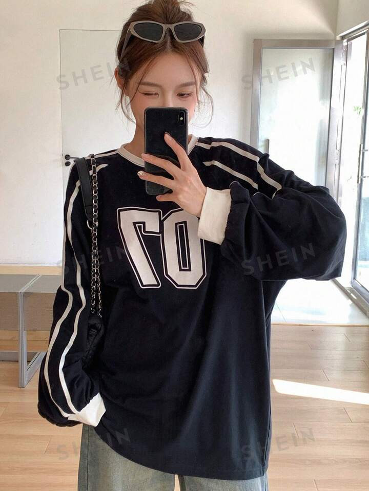 DAZY Letter Graphic Contrast Trim Drop Shoulder Tee | SHEIN